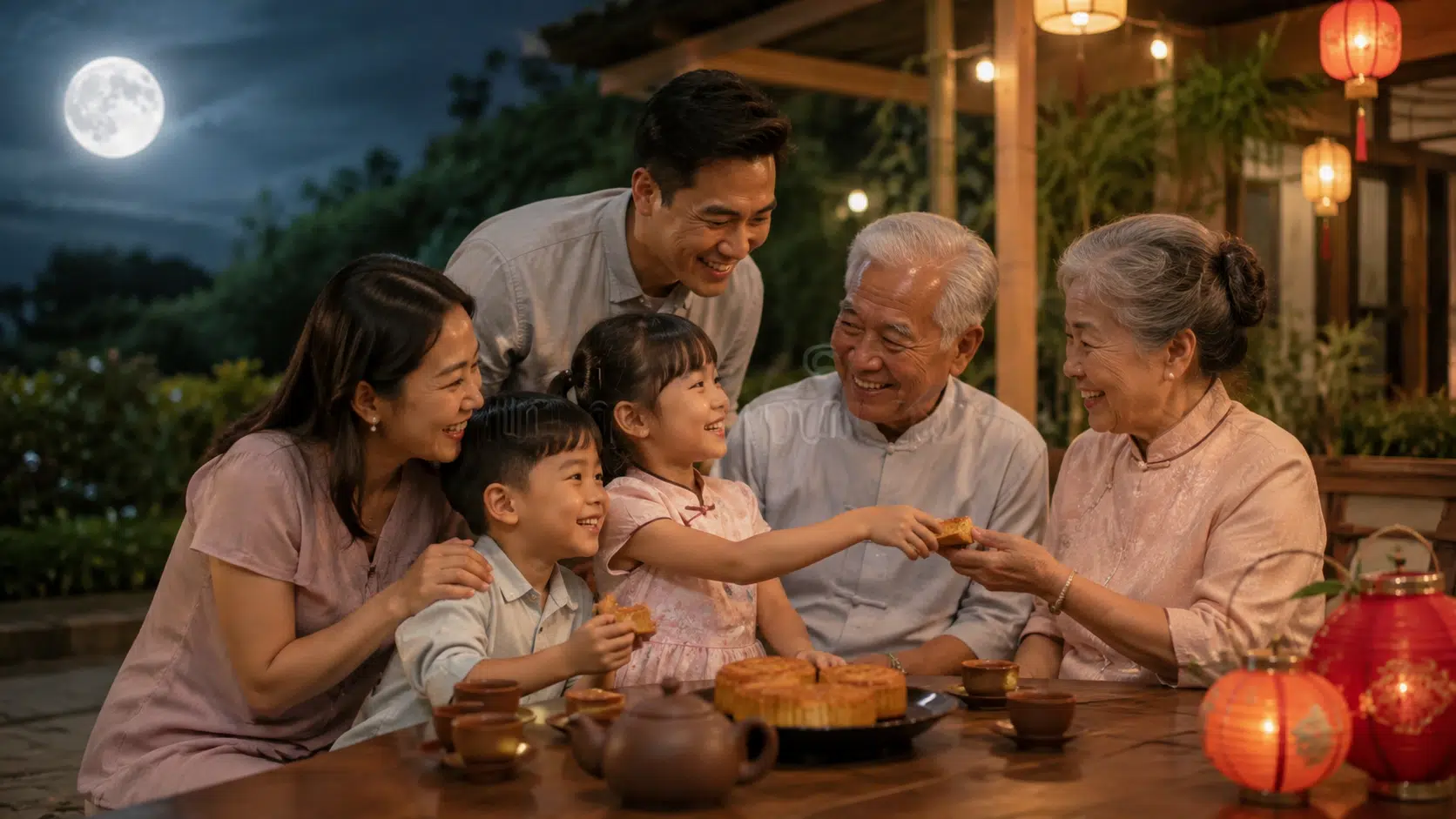 Family with different generations sitting together and enjoying various flavours mooncakes