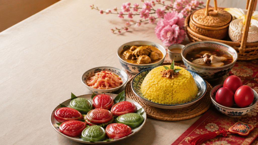 Preparing ang ku kuih, nasi kunyit, and traditional food
