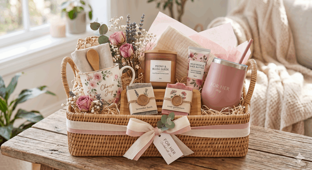 Gift basket with candles and flowers