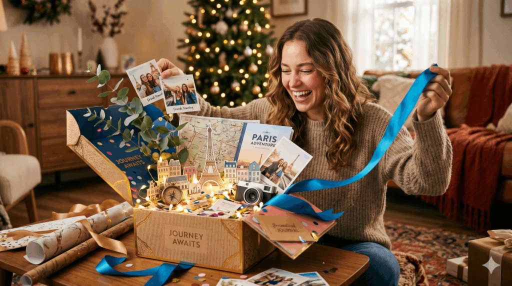 Excited woman unboxing travel surprises.