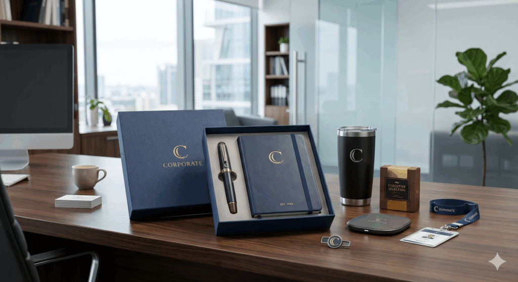 Corporate gifts on a wooden desk.
